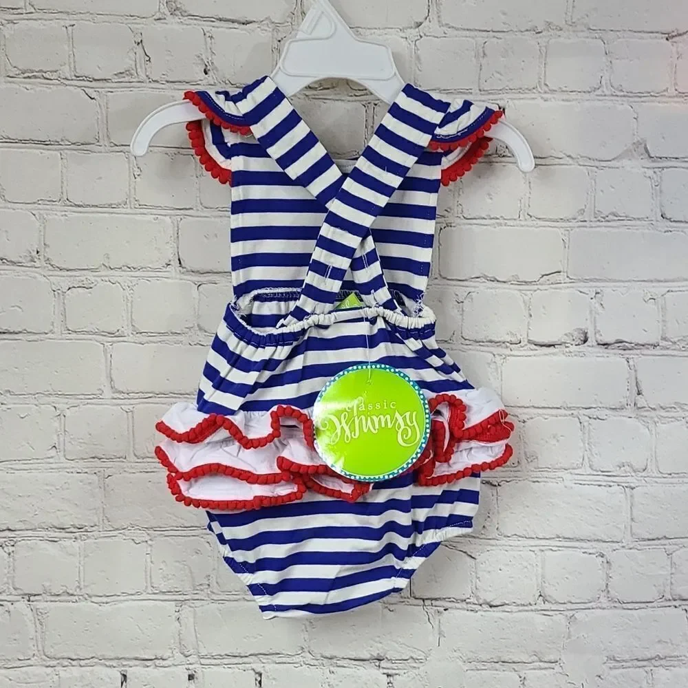NWT Baby Girl American Flag Appliqué Striped Pom Ruffle Bubble Romper Outfit 3M